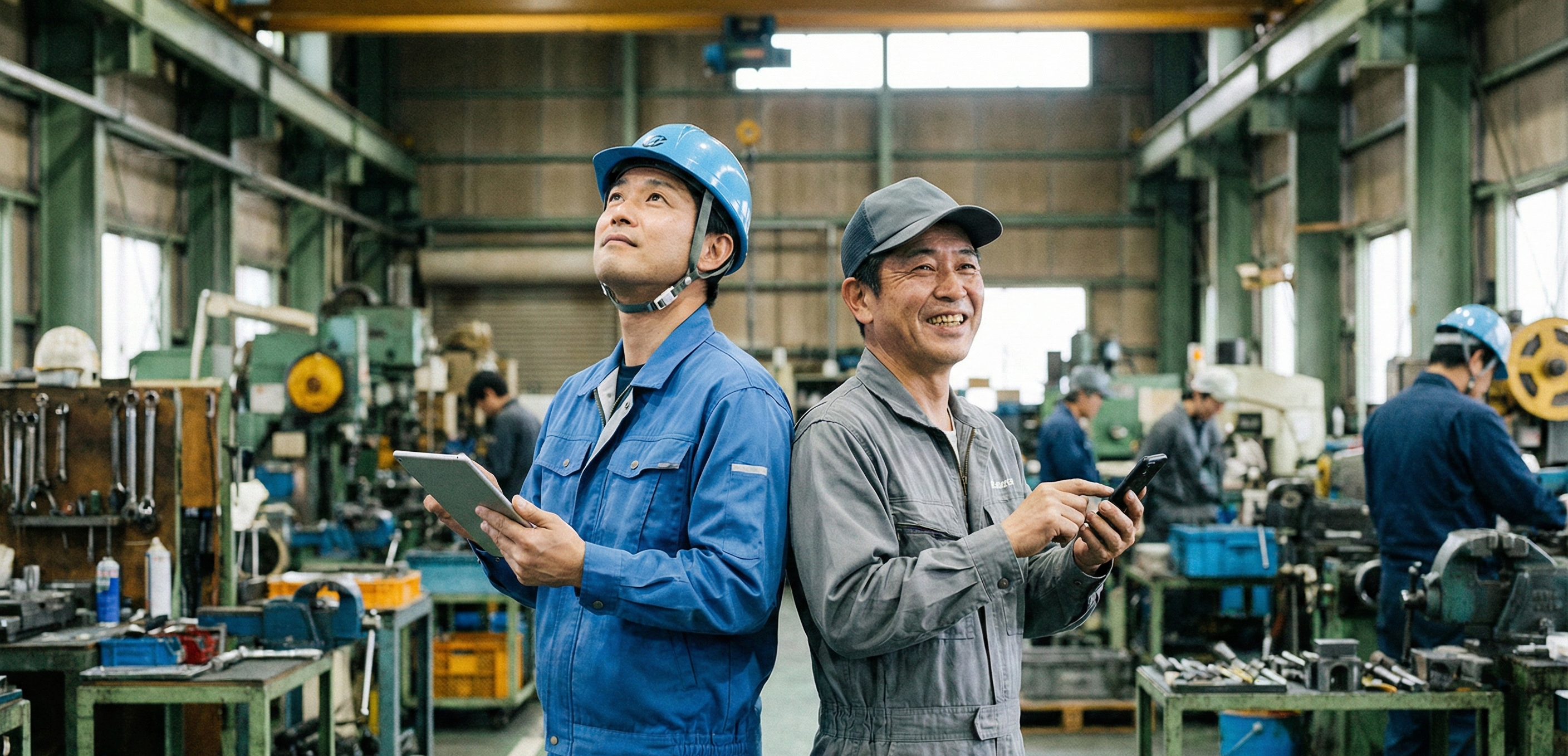 現場で話し合う2人の作業員（アジア系）